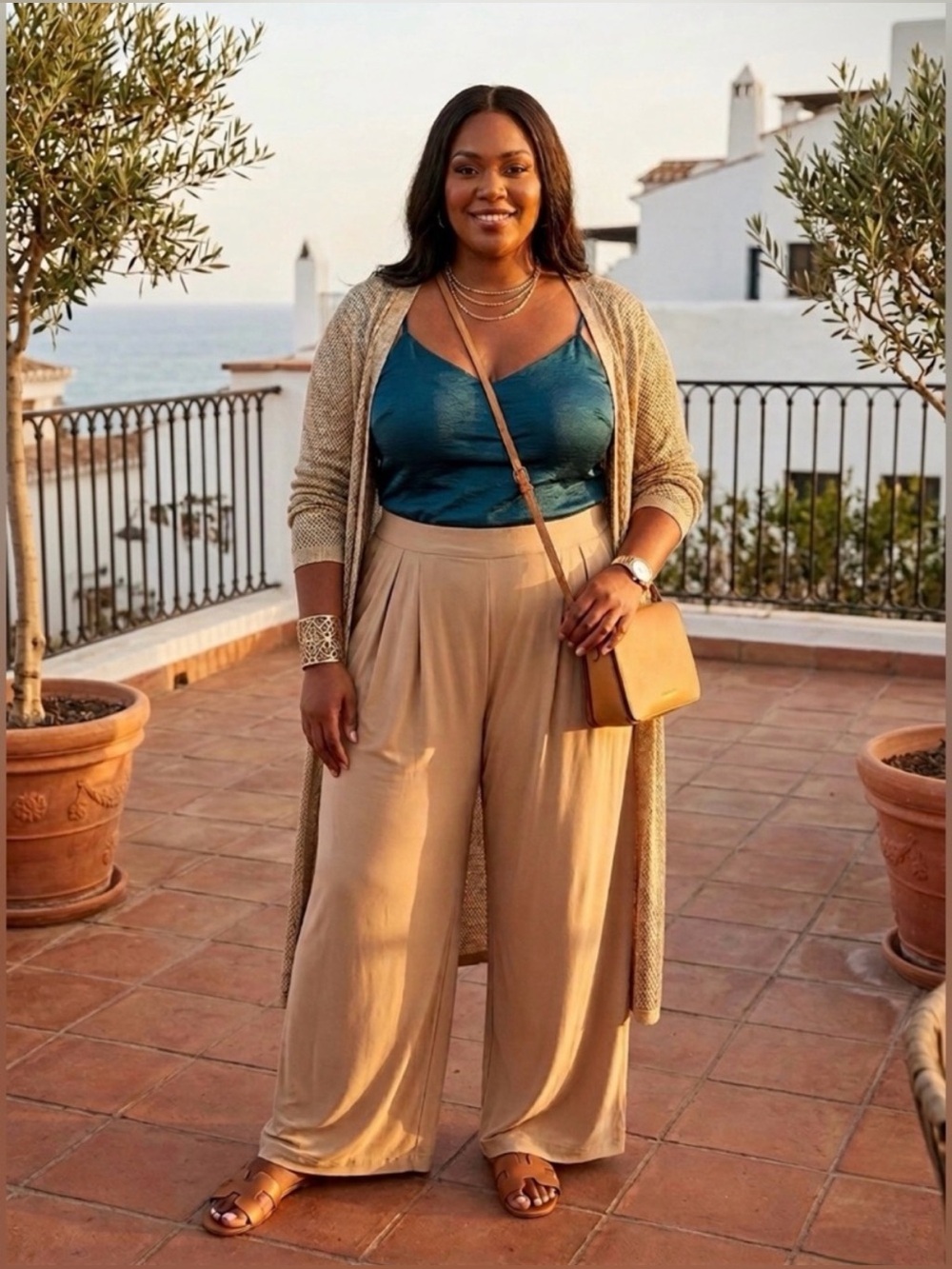 Chic Tan Self-Double Layer Wide-Leg Women's Pants